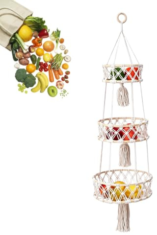 AXVRAV 3 Stöckig Obstkorb Etagere Hängend, 110cm Hängekorb Obst Küche, Baumwollseil Platzsparend Obst Etagere Hängend Boho Hängender Aufbewahrung für Küche Badezimmer Wohnzimmer Schlafzimmer, Weiß