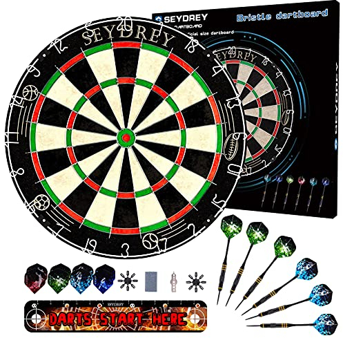 Dart Board Set Steel Dart Board Dartboard Set with 6 pcs 20g Steel Tip Darts 12 Flights Rotating Number Ring + Staple-Free Bullseye Throwing Line Install Instruction