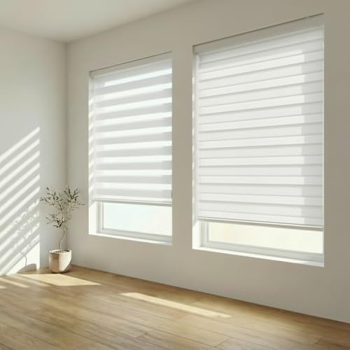 FOIRESOFT Standard Cordless Custom Zebra Roller Shades and Blinds [Basic, White, W 38 x H 48 inch] Dual Layer Sheer for Day and Night Light Control Privacy, 20 to 105 in Height