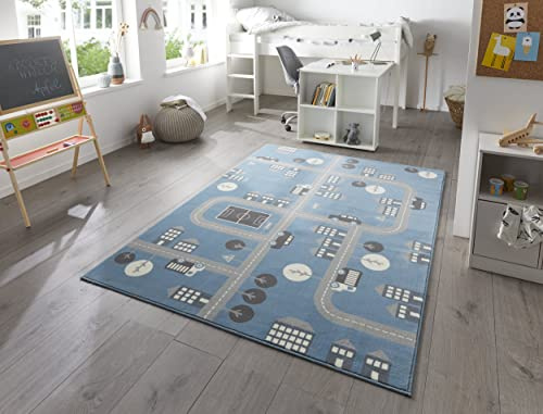 Hanse Home Teppich Kinderzimmer Kinderteppich Town – Junge Mädchen Spielteppich Kurzflor Teppich Modern Spielstraße Straßenmotiv, Weicher Flor, Pflegeleicht - Himmelblau, 80x150