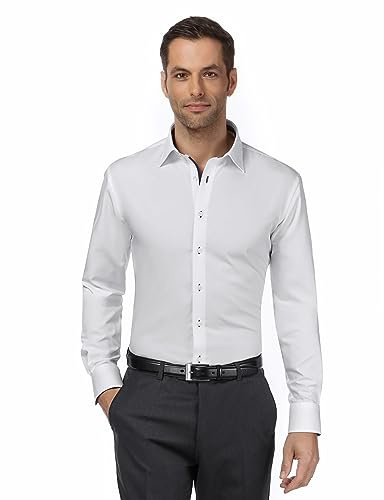 Vincenzo Boretti Herren Hemd bügelfrei 100% Baumwolle Slim-fit Uni-Farben dunkelblau/weiß 43-44