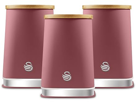 Swan Nordic SWKA18524FUS Set of 3 Kitchen Storage Canisters for Tea, Coffee, and Sugar with Non-Slip Bases Durable Iron Body with Soft Touch Matt Finish and Chrome Trims, 1.3L, Fuchsia Rose