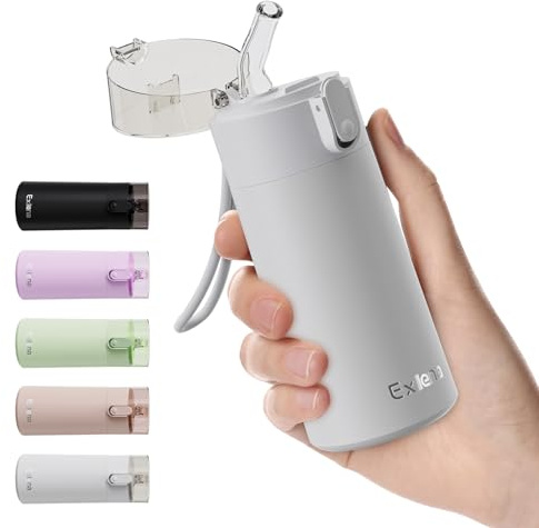 Exllena Liten vattenflaska 150 ml med sugrör – liten flaska med enhandsöppning, läckagesäkert låslock, 4–6 timmars varm/kall retention och bärbar för kaffe, mjölk eller annan dryck (ljusgrå)