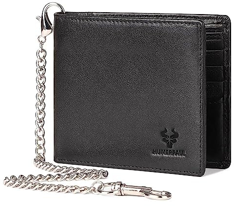 Genuine Leather Card Holder Wallet with Chain Accessory for Men, Women RFID Blocking 13 Card Slots 2 ID Windows 2 Bill Compartments Short Bi-Fold Wallet Gift (Black)