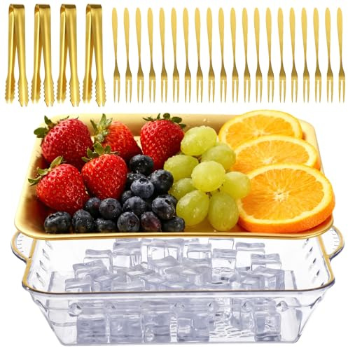 SWEWARM Juego de servir refrigerado de doble capa – Bandeja de embutidos dorada de 23 cm con compartimento para hielo y cubiertos de 24 piezas para bufés, barbacoas y entretenimiento elegante