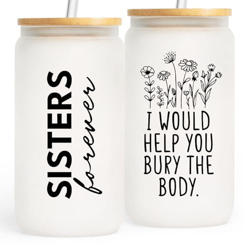 GoMelley Sister Birthday Gifts, Funny Sister Glass Tumbler with Lid Straw | Big Sister Gifts, Sister Gifts from Sisters or Brother, Christmas, Birthday Gift for Sisters, 16oz