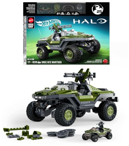 Mattel Brick Shop Hot Wheels Halo UNSC M12 Warthog Building Set | 935 Pieces, Authentic Details and Customization, for Adult Collectors, JNP49