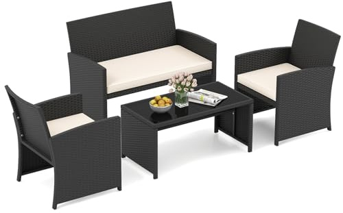 COSTWAY Ensemble de Salon de Jardin en Rotin PE 4 Pièces, Canapé 2 Places en Osier avec Fauteuils Table Basse en Verre Trempé, Mobilier d'Extérieur avec Coussins pour Patio Porche Piscine, Noir+Blanc