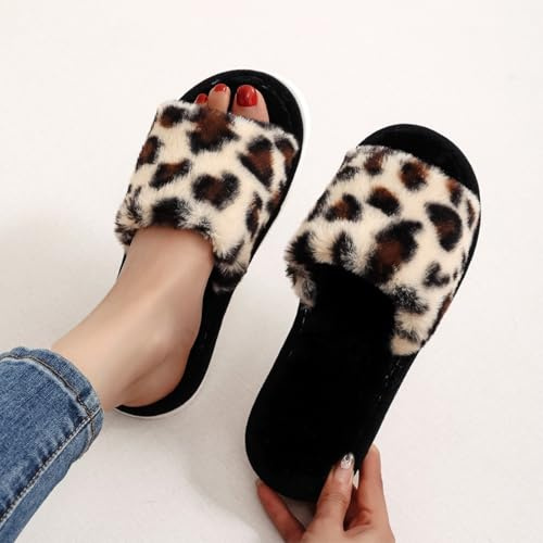 Fryloo Tofflor Dam Vit Terry Tyg Slide Tofflor, Mjuk Fuzzy Open-Toe Spa Rutschkana, Maskintvättbar Fyra Årstider Gästskor-leopard-40-41