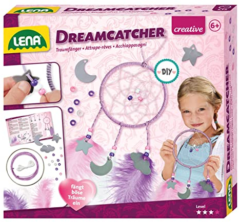 Lena 42699 – Craftset Dreamcatcher, komplett set för att pyssla drömfångaren med metallring, färgat papper – sladd, lim, tråd, fjädrar och hängen moln, måne och stjärna, set för barn från 6 år