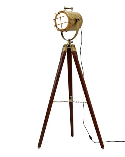 Vintage Antique Brass Wooden Tripod Lamp Spot Focus Searchlight Home Decorative