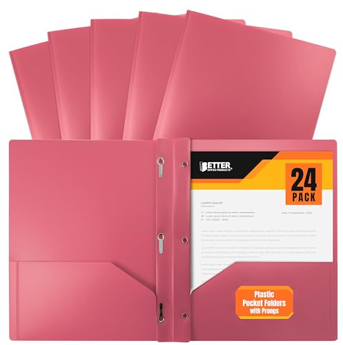 Better Office Products Pink Plastic 2 Pocket Folders with Prongs, Heavyweight, Letter Size Poly Folders, 24 Pack, with 3 Metal Prongs Fastener Clips, Pink