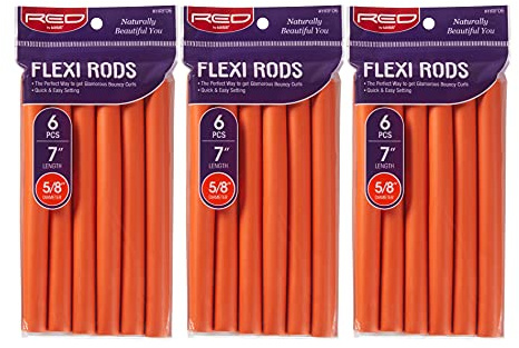 Red by Kiss Flexi Rods 7, 5/8 Diameter - Heatless Hair Curler for 90S Glamorous Bouncy Curls Beach Waves, No Slips, Sleep Styler (6 PCS x 3 Packs)