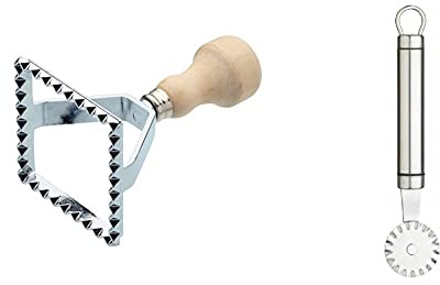 KitchenCraft World of Flavours Quadratischer Ravioli-Ausstecher, 7 x 7 x 11,5 cm + KitchenCraft Professionelles Teigrädchen/Teigschneider, Edelstahl, Silber, 1.3 x 3.7 x 19.8 cm, 5-Einheiten
