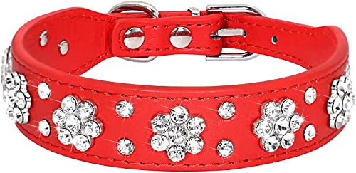 haoyueer Strass-Hundehalsband, niedliche Blume, Strasssteine, Katzen-Hundehalsband, glitzerndes Halsband, PU-Leder, verstellbare Größen, S, M, L (M, Rot)