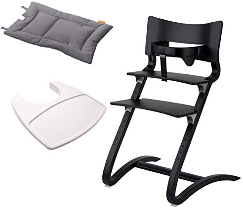 Leander Stuhl schwarz lackiert - Hochstuhl - Kinderstuhl - Erwachsenenstuhl mit Babybügel + Tablett weiß + Kissen cool grey