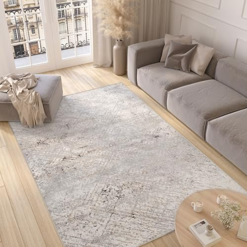 TAPISO Valley Teppich Kurzflor Weiß Grau Vintage Used Effekt Meliert Verwischt Abstrakt Modern Wohnzimmer Schlafzimmer ÖKO-TEX 140 x 200 cm