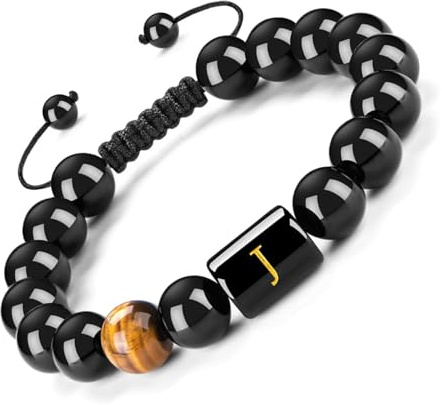 FRG Initials Bracelets Gifts for Men Letter Link Handmade Natural Black Onyx Tiger Eye Stone Beads Braided Rope Meaningful Bracelet Gifts for Son Grandson Husband Boyfriend Brother