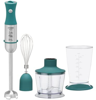 Kubo Batidora de Mano 3 en 1, 1000W de potencia, Regulador de Velocidad, 4 Cuchillas y Pie en Acero Inoxidable, Picadora de 600ml, Vaso Medidor de 500ml, Batidora