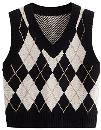 SweatyRocks Women's Plaid Geo Sleeveless V Neck Knit Crop Top Sweater Vest Black Beige M