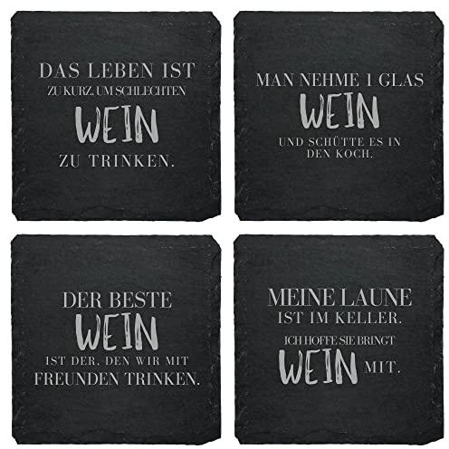 Schiefer Untersetzer Set (4 STK.) mit Weinsprüchen - Weinuntersetzer aus Schiefer für Weinfans | Wein Geschenk | Geschenkidee Weinliebhaber Wein Zubehör (Deutsche Sprüche)