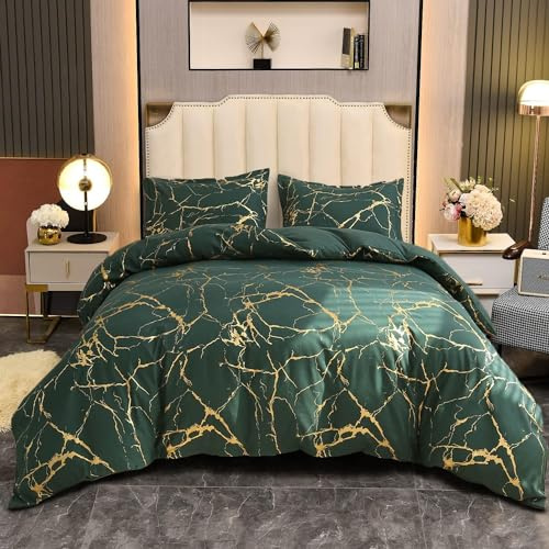 Bettwäsche Grün 135x200 2er Dunkelgrün Gold Set Aesthetic Marmor Microfaser Bettwäsche Set Luxus Modern Bettbezug Set mit Metallic-Glitzermuster Teenager Wendebettwäsche und Kissenbezug 80x80