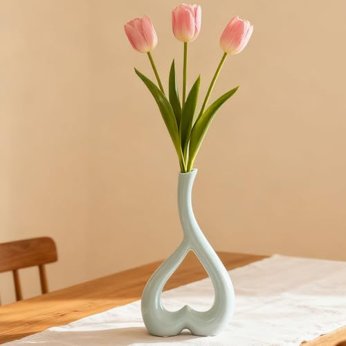 Arawat Keramisk Vas Blå Hjärtvaser Deco Vardagsrum Modern Tulpanvas Blomvas Bord Deco Vas För Pampas Gräsblommor Deco Estetiska Nordiska Vaser Bröllopsgåva 26 Cm Dekorativ Vas Blå