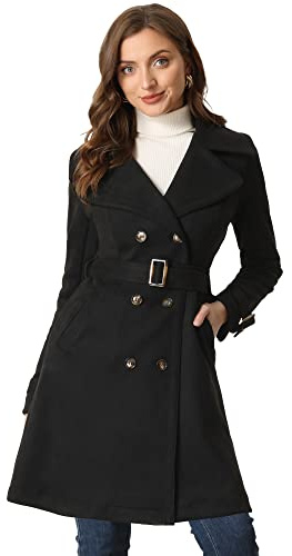 Allegra K Damen Trenchcoat Wildlederimitat Gekerbtem Revers Manschetten Zweireihig Bindegürtel Mantel Schwarz L