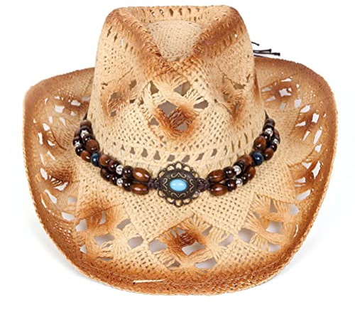 Syangkaitian Stroh-Cowboy-Hut für Damen und Herren, Western-Cowboy-Hut, Stroh-Cowboy-Cowgirl-Hut für Herren und Damen, breite Krempe, hohl, atmungsaktiv, Sonnenhut mit Perlenbesatzband, Western-Stil f