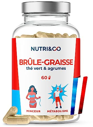 NUTRI & CO Brûle-Graisse Puissant & Naturel Thé Vert + Agrumes - Perte de Poids Rapide & Efficace - Complément Alimentaire Minceur & Ventre Plat - Cure 1mois - 60 gélules Vegan Fabriqué en France