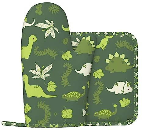 Ensemble de gants de cuisine et maniques imprimés dinosaures en silicone antidérapant résistant à la chaleur pour la cuisine, les grillades