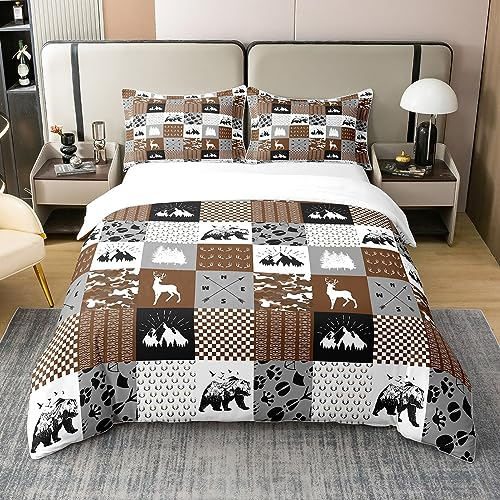 100% Bio-Baumwolle Rustikal Bauernhaus Bettbezug 200x200,Jagdbär Hirsch Geweih Komfortbezug,Karierte Büffel Plaid Camouflage Bettwäsche Set,Wildlife Camo Patchwork Bettwäsche Abdeckung Kabine Dekor