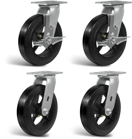 NINOSO 8 Caster Wheels, Heavy Duty Set of 4 Swivel Casters Load Capacity 4400lbs, No Noise Rubber Wheel on Cast Iron (2 Brake & 2 Swivel)