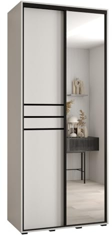 MEBLE KRYSPOL Davos 11 100 Schrank mit Zwei Schiebetüren für Schlafzimmer - Moderner Schrank mit Spiegel, Kleiderstange und Regalen - 235,2x100x45 cm - Weiß Weiß Schwarz