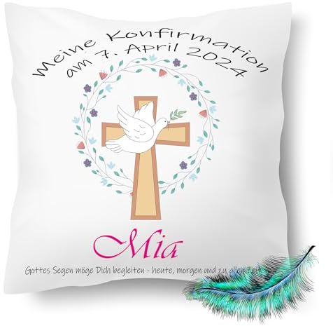 Print Deluxe Konfirmation Geschenk, Personalisierbares Kissen bedrucktes für Jungen und Mädchen, mit Namen, Datum,Kreuz Taube Symbole| Dekokissen,| Kuschelkissen 40X40 (mit Kissenfüllung)
