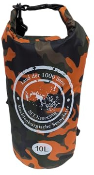 Dry Bag Trockensack Seesack 100% wasserdicht Packsack Tasche Beutel Wasssersport Kanu Kajak SUP Tauchen Schwimmen Baden Strand Angeln Campen wasserfest Schultergurt Drybag Orange Camouflage 10 Liter