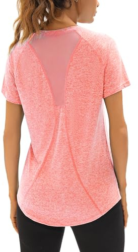 Wayleb Gym Tops Women Sports Yoga Running Top V Neck Quick Dry Fitness T-Shirt Ladies Short Sleeve Exercise Tee Shirts Pink