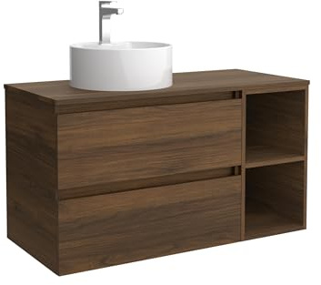 Salgar Mueble de Baño Bequia 90cm + Coqueta 2 Huecos Lado Reversible + Encimera + Lavabo posar| Nogal |90x45x56