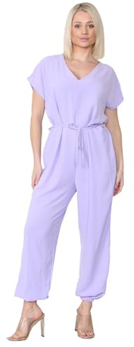 Faozo® Women’s Short Sleeve V-Neck Tie Belt Waist Jumpsuit, Ladies Wide Leg Cuffed Dungarees All in One Baggy Oversized Harem Romper Playsuit One Size 8-16