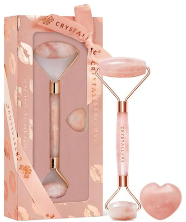 CRYSTALLOVE Gua Sha Stein + Massageroller - Rosa Quarz SELFLOVE - Herzform - Guasha Board - Gesichtsmassage für Gesicht, Augen, Augenschwellungen Hautstraffung von Gesicht - Face Massager