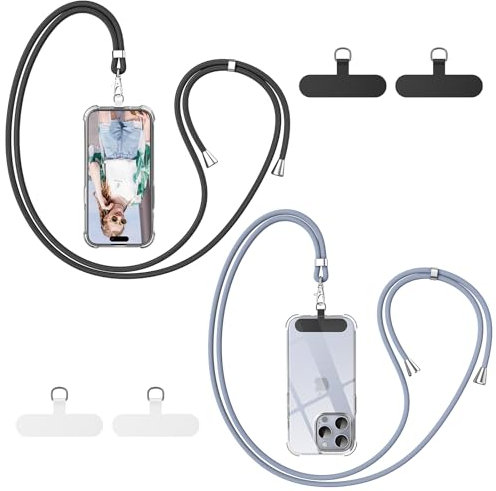caslord Phone Lanyard 2 PCS, 1.6m Adjustable Universal Phone Strap Crossbody with 4 Reusable Patches, Phone Neck Strap Compatible with Most Smartphones and Cases - Black and Grey