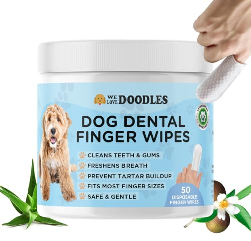 We Love Doodles 50 Pack Dog Teeth Cleaning Wipes - Cleans Teeth and Gums, Freshens Dog's Breath, Prevents Tartar Formation, Fits Most Finger Sizes