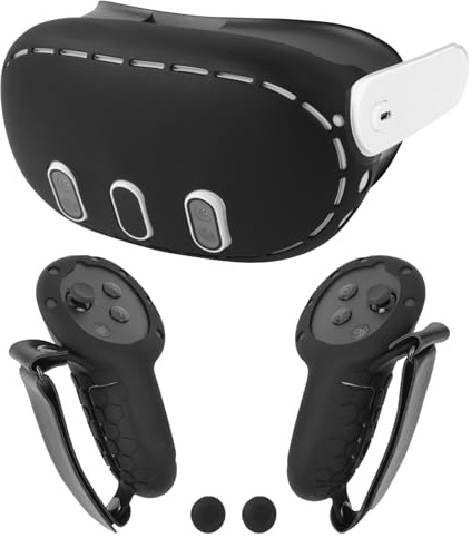 Upgraded Silicone Cover Set Compatible with Meta/Oculus Quest 3 Accessories, VR Headset Shell Protective Cover Skin, Touch Controller Grips Cover with Battery Opening and Knuckle Protector（Black）