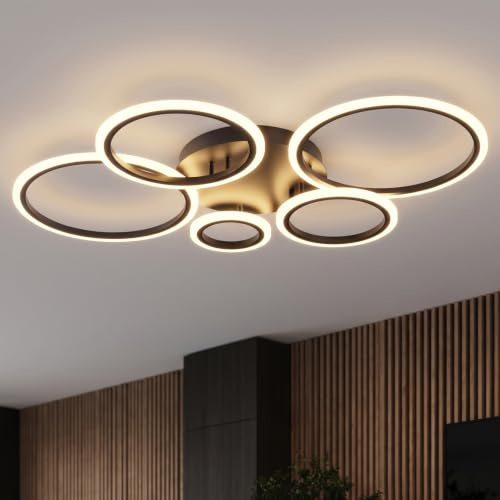 LJX Deckenlampe LED Design, Schwarz 5 Ring Deckenleuchte mit Fernbedienung, 100cm Dimmbar Wohnzimmerlampe für Schlafzimmer Wohnzimmer Küche