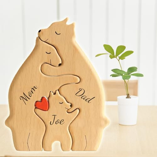 Personalized Wooden Bear Puzzle with 2-7 Name We are One,Personalised Art Animal Jigsaw, Custom Family Name Sculpture for Birthday Christmas Anniversary Mother's Day Father's Day Wooden Gifts (Bear)