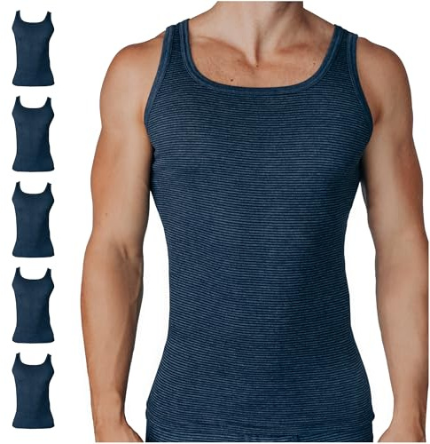 SES Ringel finribbad undertröja herr S–4XL i 100 % bomull 5-pack/mjuka och ventilerande armskjortor herr/bomull herr undertröjor med kroppsnära passform, jeans marin, L