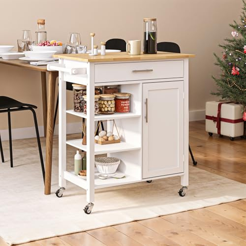 SogesHome Carrello da Cucina Mobile per Isole - Carrello Portata su Scooter Con Grande Cassetto, 3 Ripiani e Armadio Con Porta e 2 Ripiani Interni per Conservazione, 80