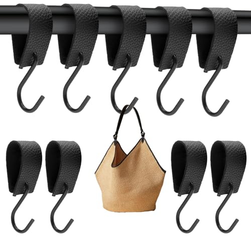 UOCAI 10 Stück Schwarz S-Haken Shape,Haken für Kleiderstangen,S Haken Mit Lederschlaufe,Kleiderhaken mit Lederschlaufe,Multifunktionshaken,Fleischerhaken Garderobe,Garderobenhaken,Kleideraufhänger