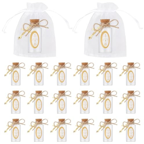 WEBEEDY - 30 frascos de agua bendita de cristal, 25 ml/0,8 oz con tapón de corcho, 30 colgantes de cruz, 30 bolsas de organza, pegatina de cruz, cuerda para los favores del bautismo
