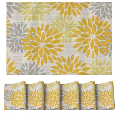 Artoid Mode Lot de 6 sets de table en PVC avec motifs de fleurs jaunes de type dahlia d'été, 30x45cm, sets de table résistants aux taches et à la chaleur pour la cuisine et la décoration